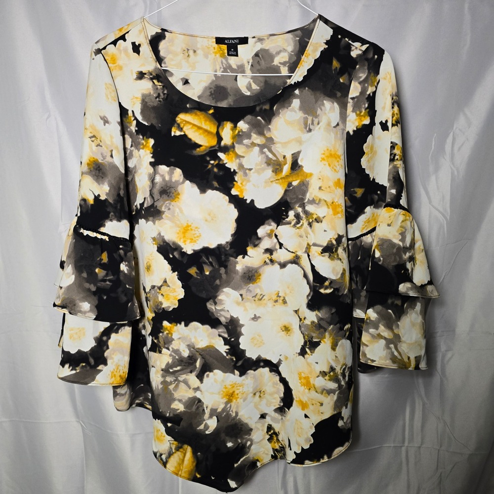 Alfani Womens Floral Bell Sleeve Blouse Black Yellow White Watercolor Top M